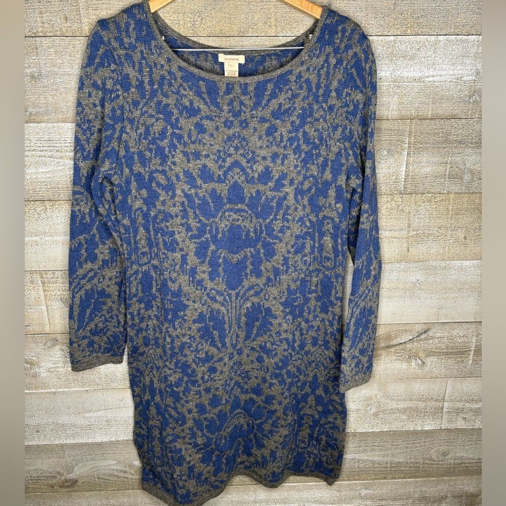 Sundance large lambswool blend blue printed boho sweater dress